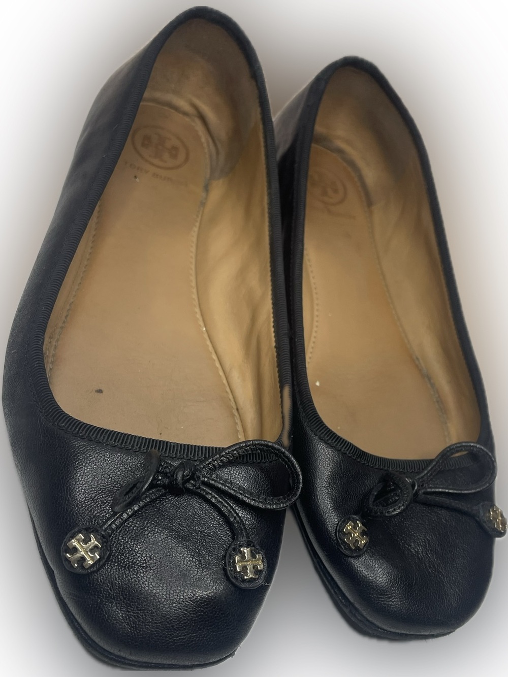 Tory Burch Black Leather Ballet Flats with Logo Bow Accents